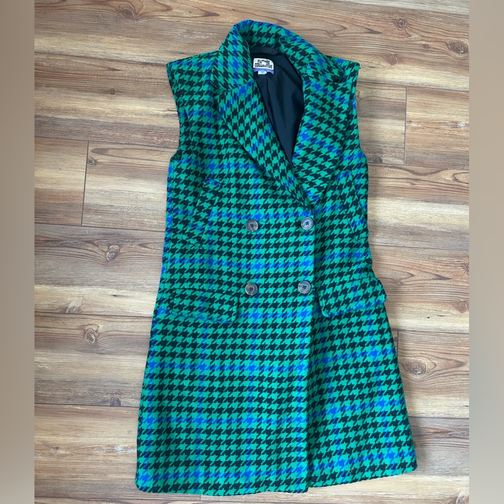 Vintage Future Collective Houndstooth Wool Vest / Coat | Green Blue | XXS